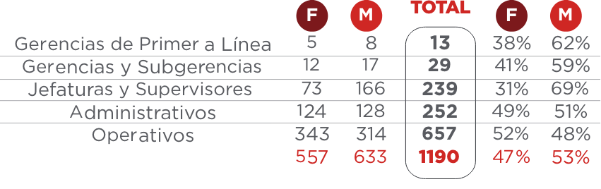 tabla por cargo y genero